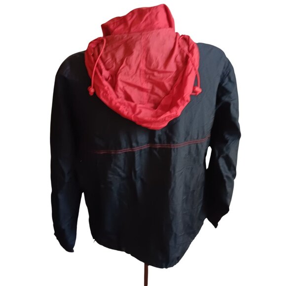 Vintage Men's Large Jacket Windbreaker Red Black Hooded Front 1/2 Zip Pocket - Picture 4 of 5